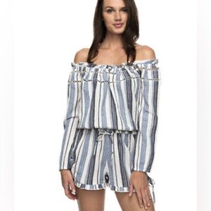 Roxy Large Blue and White Striped Romper long sleeve off the shoulder